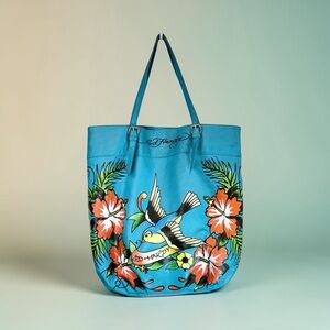 Ed Hardy Blue Tote Bag with Floral and Bird Design